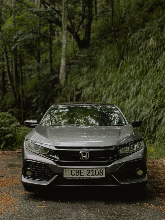 services-03 A sleek gray Honda Civic parked amid lush greenery in a serene forest setting.